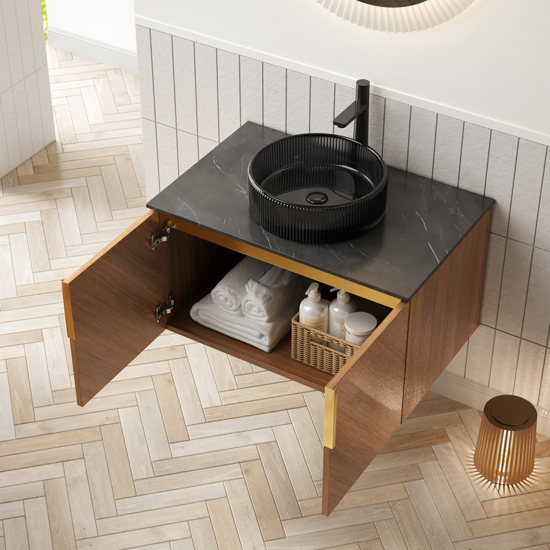 Meuble-lavabo moderne 30 po, finition grain de chêne brun, système de fermeture en douceur