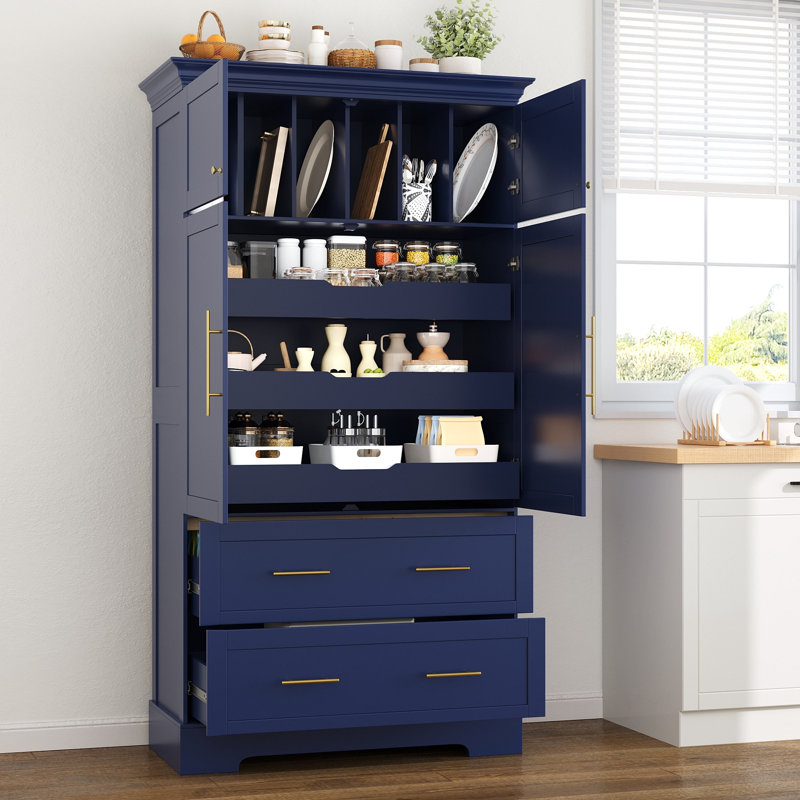 Garde-manger autoportant 40 po x 18 po x 72,6 po Farmhouse - 4 portes, plateaux coulissants, tiroirs, rangement pour moules à gâteaux, bleu