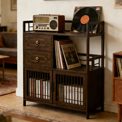 Vintage Dark Brown Storage Cabinet With 2 Drawers, Open Shelves And Grille-door Enclosed Cabinets