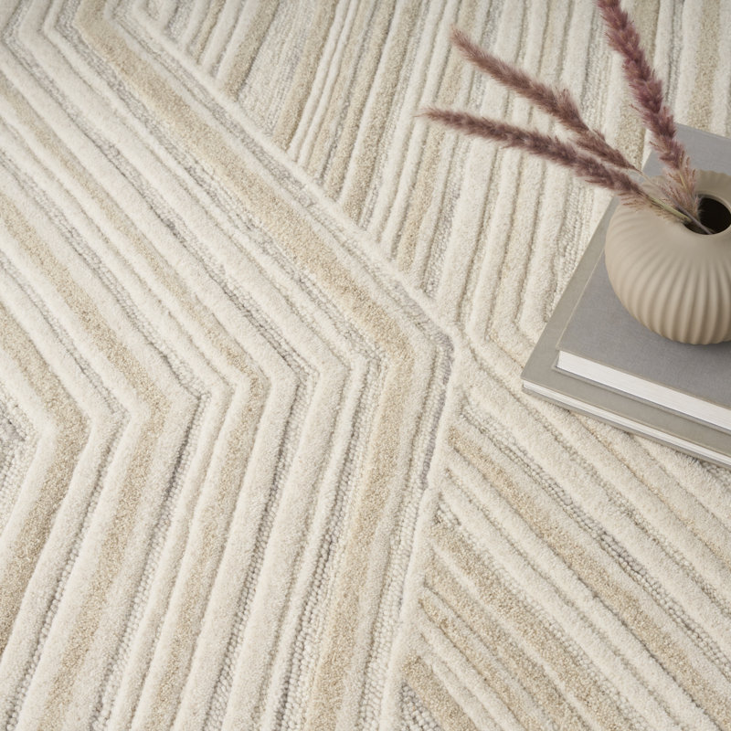 Ebern Designs Atyana Ivory Modern Indoor Wool Rug, Rectangle 3'9" x 5'9"