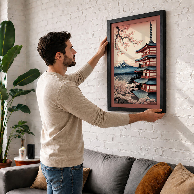 Pagoda at Dawn Japandi - Framed Print, A2 - 59.4 x 42.0 cm, Oak