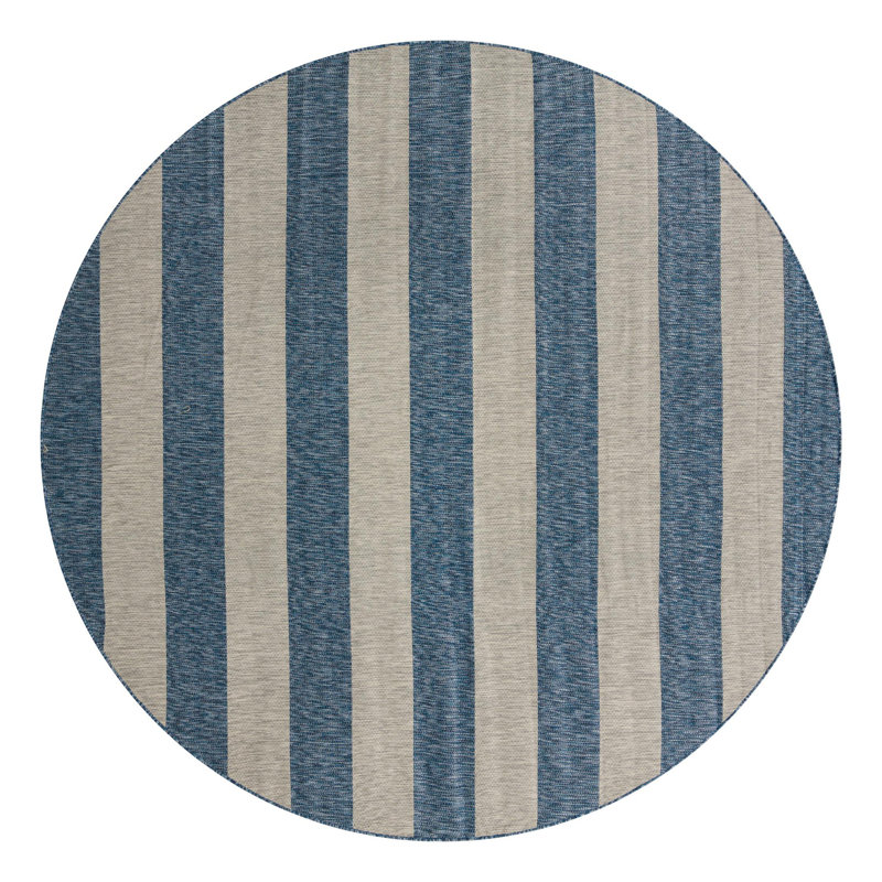 Tapis intérieur / extérieur rayé bleu / gris Simoes, Rond 10 pi 8 po