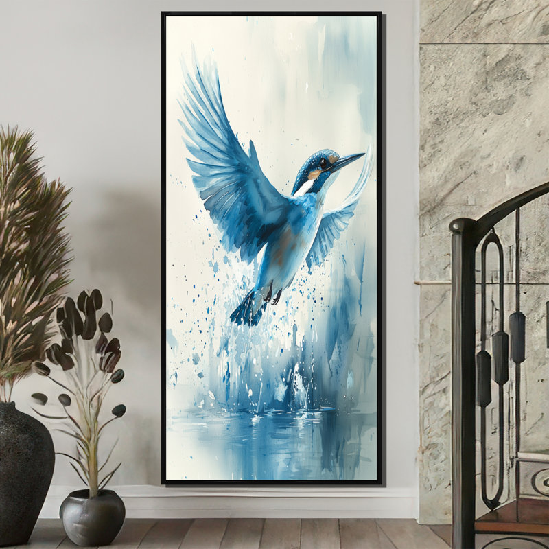 Art mural grand Webster Martin-pêcheur au-dessus de l'eau II - oiseau, H 60 po x l 28 po, Reproduction avec cadre flottant