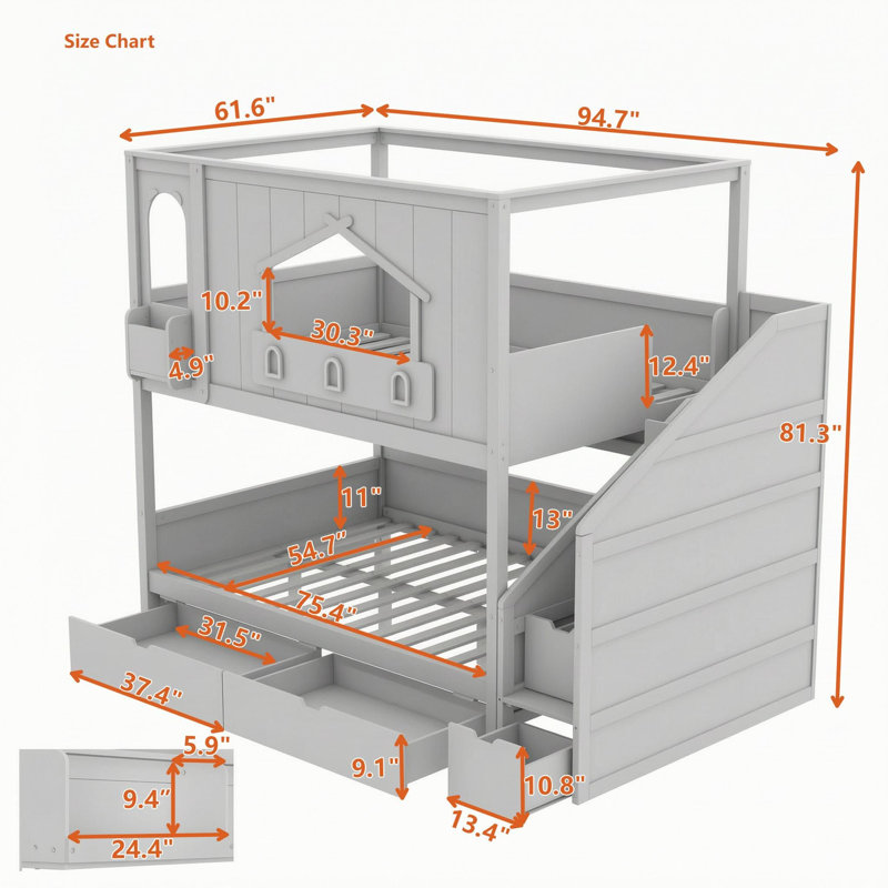 Lit superposé en bois de style maisonnette avec escalier de rangement, tablettes de chevet ouvertes et tiroirs, Blanc vert