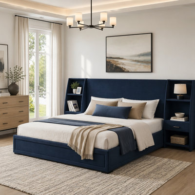 Velvet Storage Platform Bed with Side Bookcases and Drawer