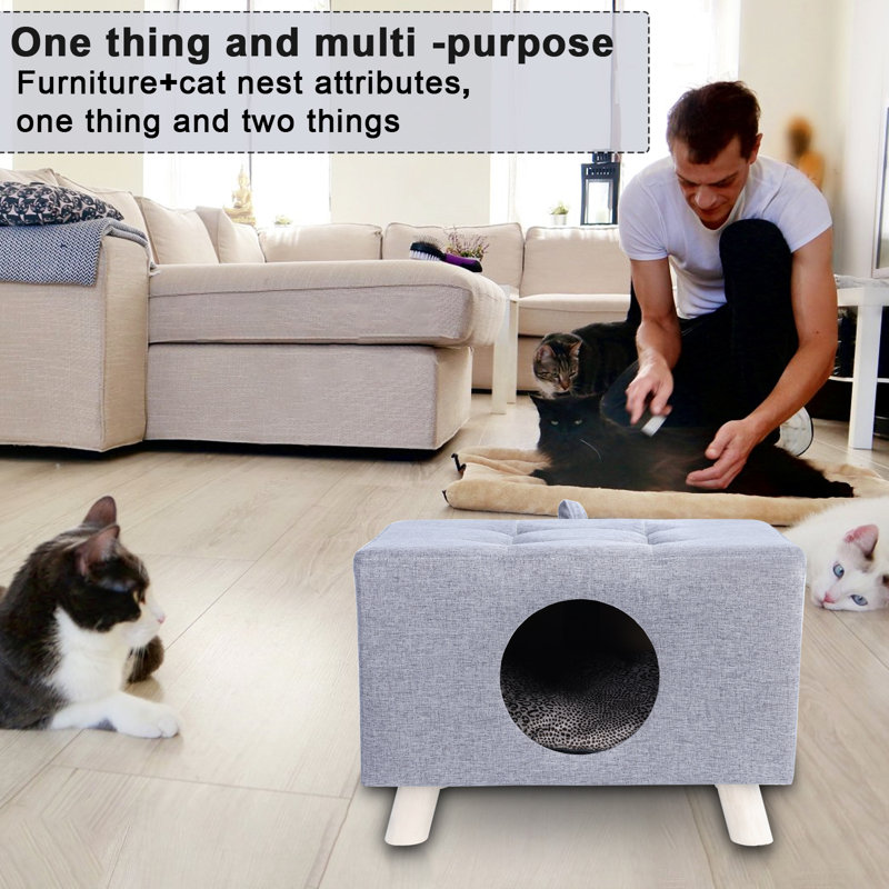 Gray Linen Cat House Bench with Wood Legs and Cushion