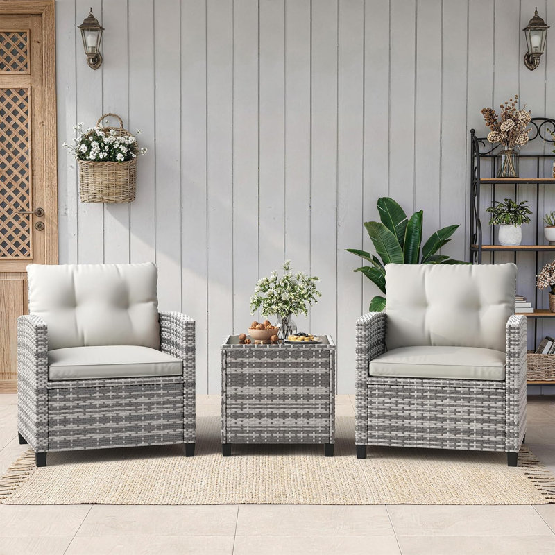 3-Piece Outdoor Patio Furniture Set, PE Rattan Wicker Frame with Tempered Glass Side Table, Conversation Chairs with Removable Cushions, Balcony Porch Garden Seating