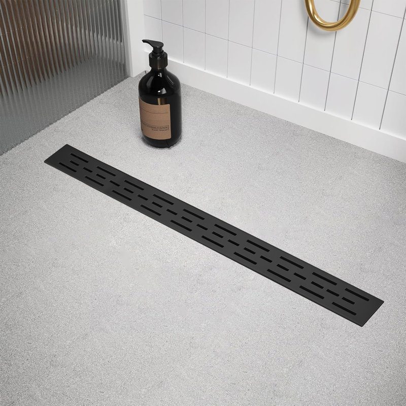 Matte Black Stainless Steel Rectangle Shower Floor Drain,30-Inch Linear Drain With Leveling Feet,Hair Strainer,Removable Bar Pattern Grate