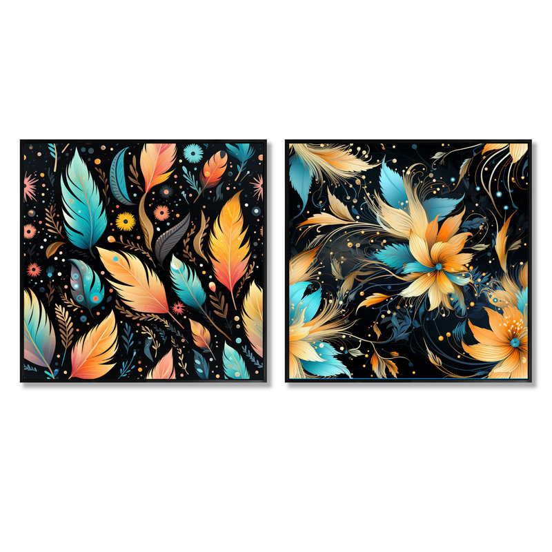 Eclectic Boho Feather Pattern - Abstract Botanicals Square Collage Set Of 2, Black Floater Framed, 16" H x 33" W