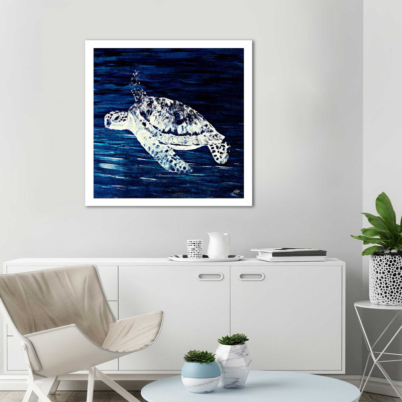 «Swim Along I», reproduction de peinture acrylique, H 37,5 po x l 37,5 po x P 1 po, Cadre blanc