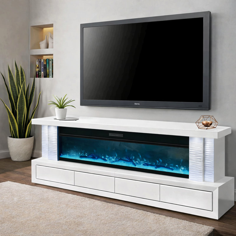 Meuble télé avec foyer 79 po Karsen, Blanc