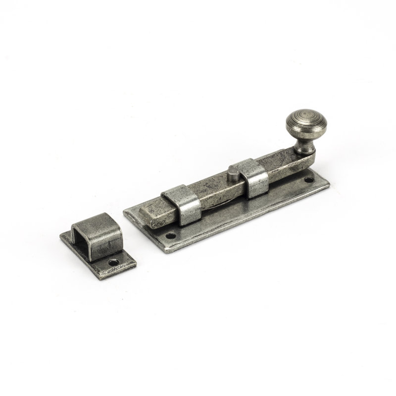 Straight Knob Bolt, 3.6cm H x 9.1cm W x 2.8cm D, Pewter Patina
