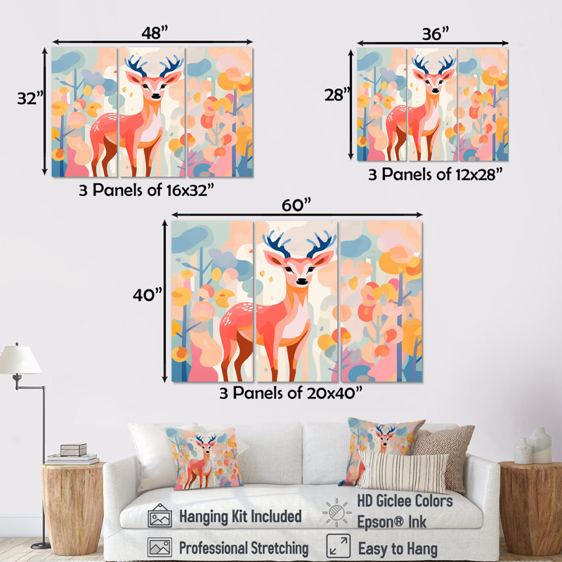 Art floral mural, cerf rose, H 28 po x l 36 po, Toile tendue