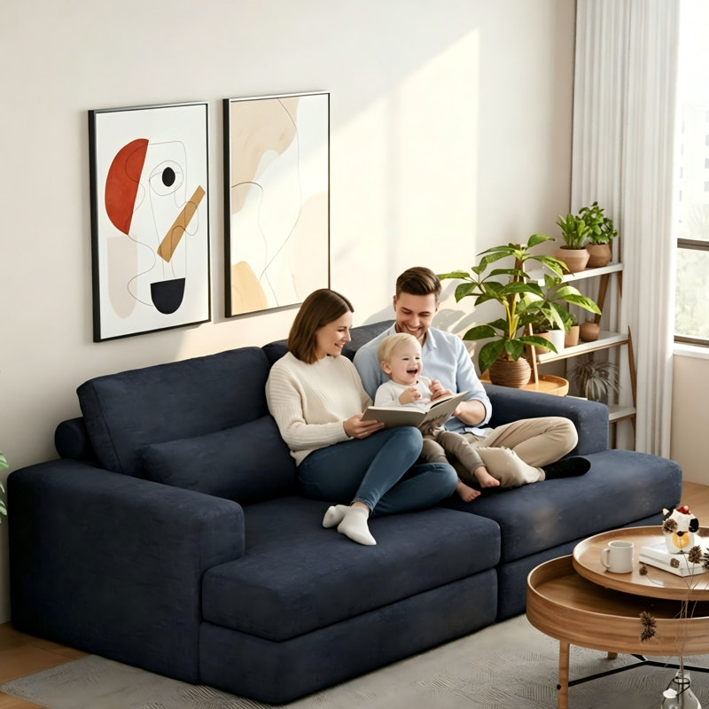 4 Seater Sofa & Chaise, Blue, Chenille