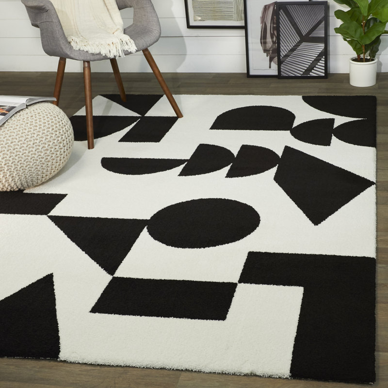 Tapis géométrique noir / crème Palmerston, Rectangle 7 pi 10 po x 10 pi