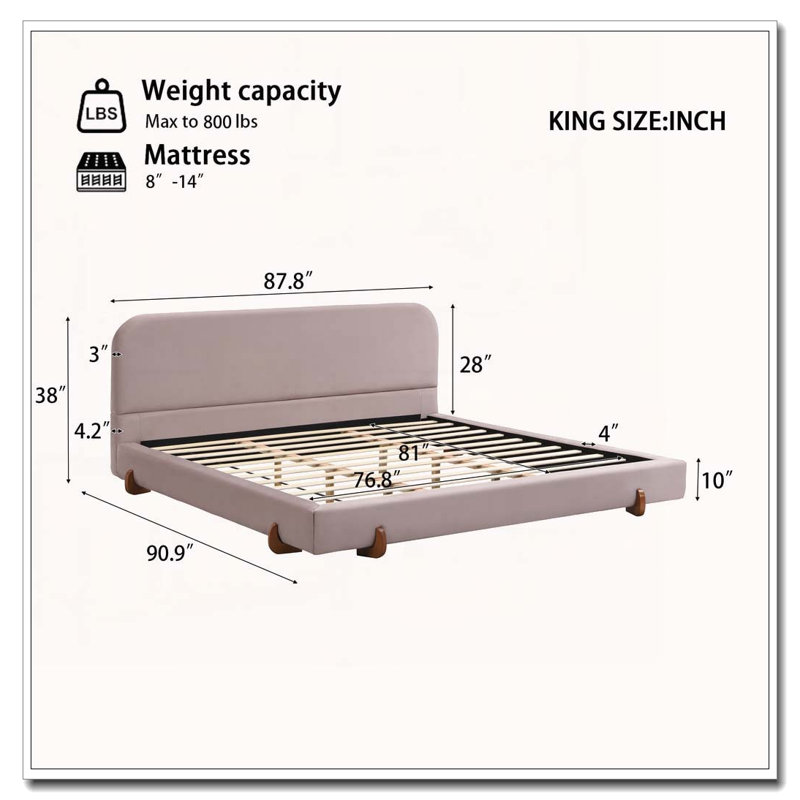 Solid Wood Legs Upholstered Bed Frame, King, Pink