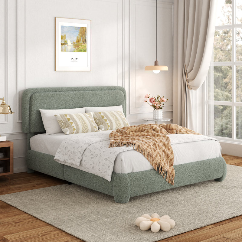 Haden Lambswool Boucle Upholstered Platform Bed Frame with Headboard, Full, Green