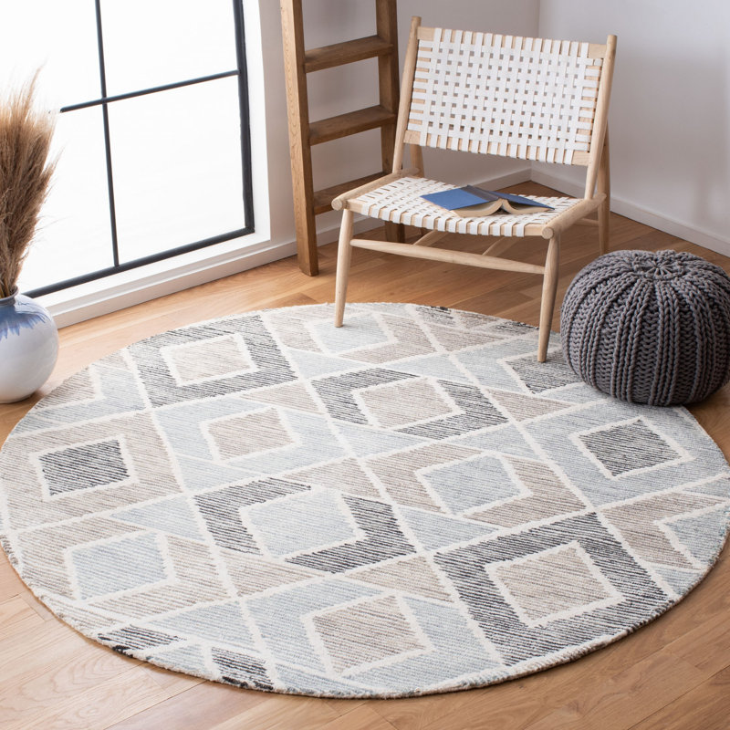Fredrika Precious Hand Tufted Wool/Cotton Geometric Rug in Blue/Beige, Round 6'