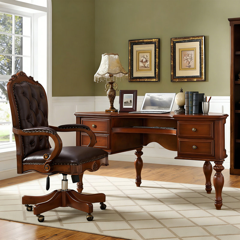 Bureau de direction rétro en bois massif rouge-brun de style américain rétro, bureau demi-rond européen classique Boss