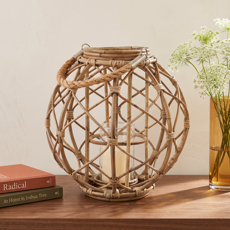 Round Rustic Woven Rattan Lantern, 10.5" H x 13" W x 13" D, Brown