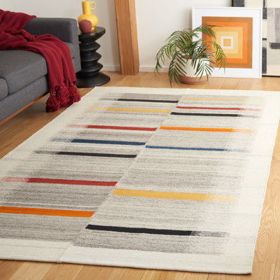 Kilim Flatweave Wool Cotton Abstract Rug in Ivory/Grey
