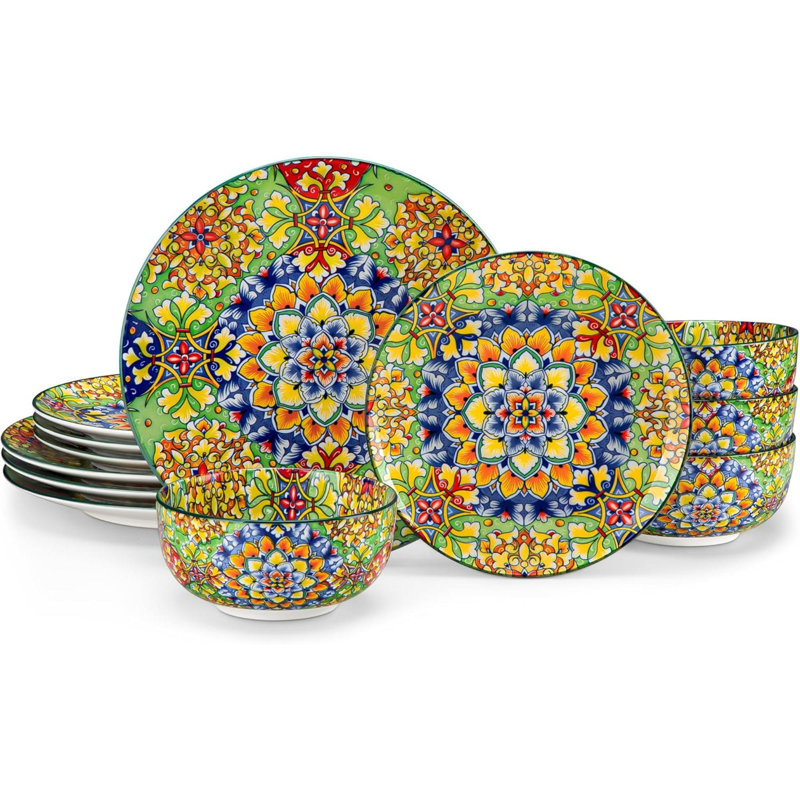 Ensemble 12 pièces de vaisselle, assiettes et bols 12 pièces, vaisselle en porcelaine pour 4 personnes, va au micro-ondes et au lave-vaisselle, résistante aux égratignures, service de vaisselle style bohémien pour 4, série SIMI
