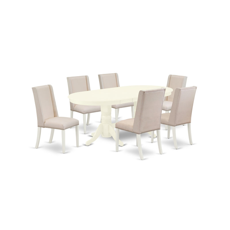 Cet ensemble de 7 pièces comprend une table de salle à manger ovale avec une rallonge papillon et 6 chaises Parson revêtues de tissu en lin crème, blanc lin