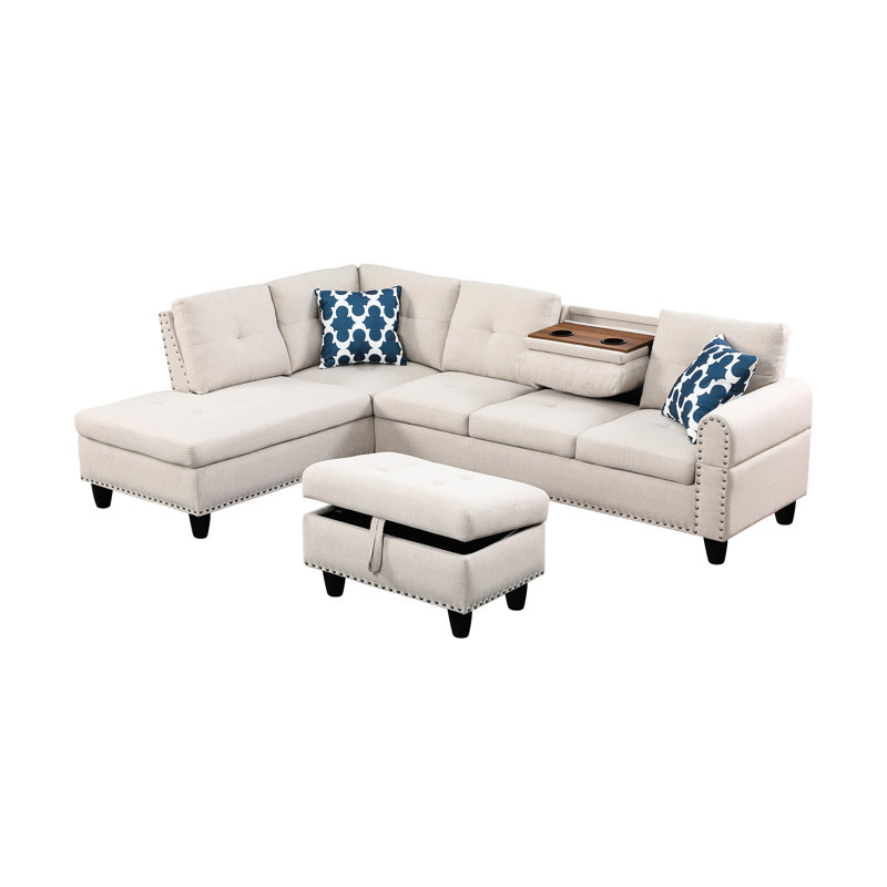 Beige L - Shaped 3 Seat With Storage , Good For Movie Marathons, Pull Down Middle Seat, Two Cup Holders, Rounded Arms, Neutral Toned Faux Leather, Foam And Spring Stuffed Cushions Piece Sectional In