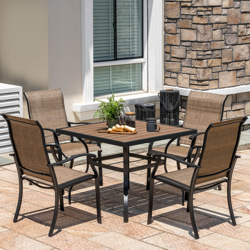 5-Piece Patio Outdoor PVC-coated polyester and Metal Dining Set with Umbrella Hole and Faux Wood Tabletop