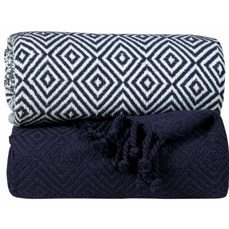 Navy and White Chevron Cotton Throw Blanket Set