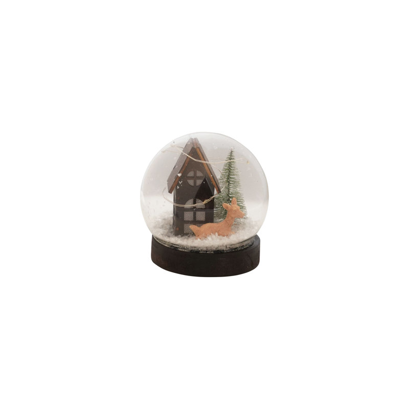 Globe en verre peint avec scène de chalet et base en bois récupéré