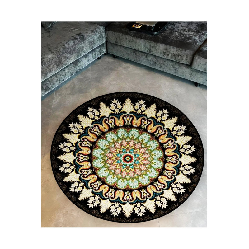Black Green Antique Pattern Detailed Woven Base Modern Decorative Carpet, Round 2'8"