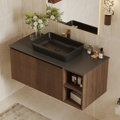 Meuble-lavabo simple 35,84 po avec plateau en pierre, bois brun, vasque noire