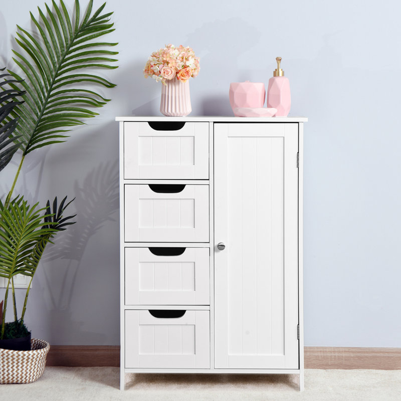 White Bathroom Cabinet With Adjustable Shelf And 4 Slatted Drawers - For Home Use Storage In Drawers,
