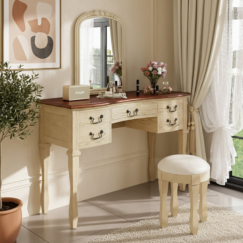 Coiffeuse à 5 tiroirs avec miroir et tabouret