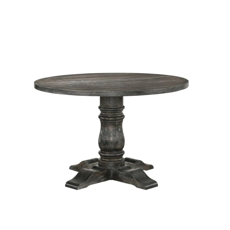 Round Dining Table With Weathered Gray Appeal, Single Pedestal Design, Knotty Oak Veneer Fixed Surface, 14" Empire Column Base, 47x47x36 Inches, 99 Lb, Ideal For Room Settings Table, Top, Stability,