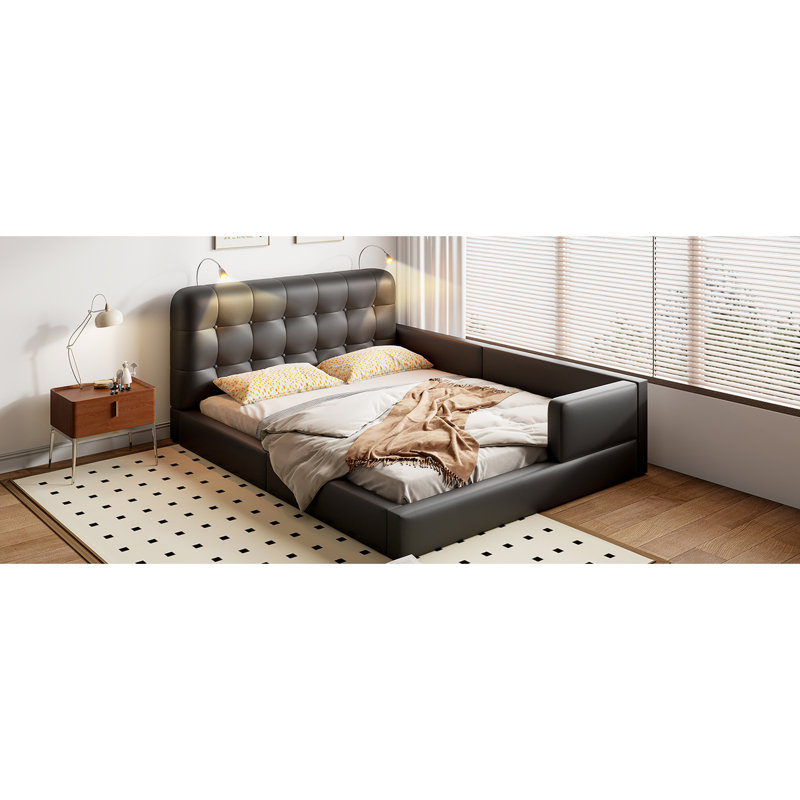 Queen Sized Upholstered Platform Bed With 2 Reading Lights, Black. Fine Pu Leather Upholstery. Generous Area For Rest And Relaxation. Adjustable Headboard Black Size Two Lights. Spacious Serene
