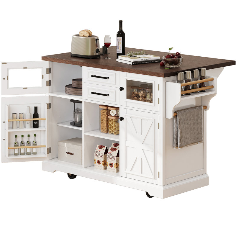 K&K 54.9" Kitchen Island with Drop Leaf, Power Outlet, Kitchen Storage Cart with 4 Door Shelves, Cross Barn Doors & Visual Glass Door, Rolling Kitchen Island on 4 Wheels for Kitchen, Dining Room,White