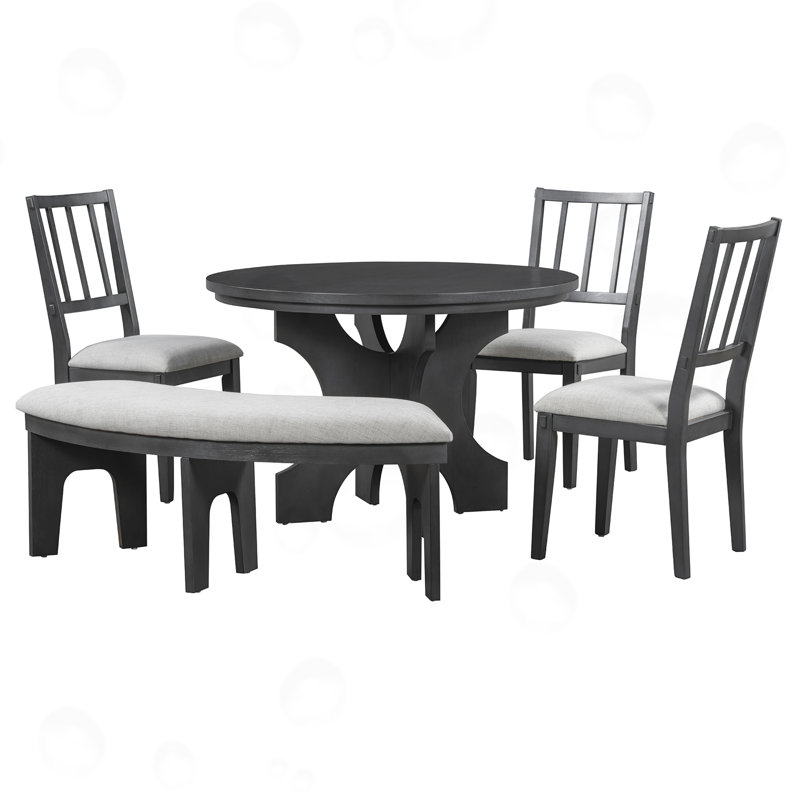Ensemble de salle à manger 5 pièces avec 3 chaises rembourrées et banc incurvé, Grey, Grey, Grey, Grey