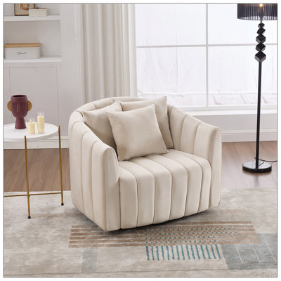 Fauteuil demi-tonneau pivotant surdimensionné de 39 po et pivotant à 360 ° de 39 po et demi-canapé confortable avec 3 coussins, fauteuil club capitonné en forme de citrouille pour salon, chambre à coucher, bureau, salon, velours beige