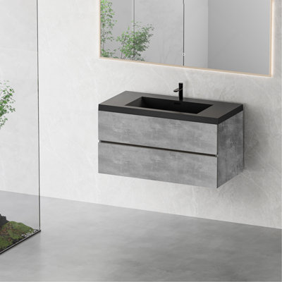Meuble-lavabo flottant 42 po avec lavabo, meuble-lavabo mural avec lavabo en quartz noir et tiroirs à fermeture en douceur entièrement assemblés