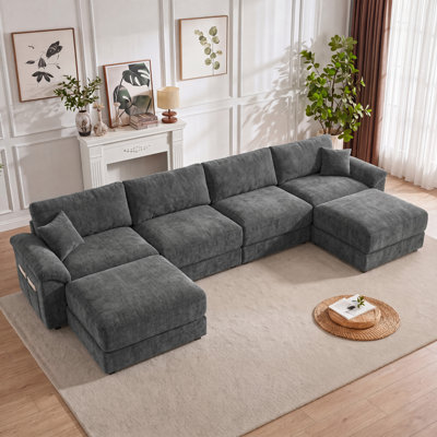 150" Modular Sectional Sofa, Oversized U Shaped Cloud Couch with Movable Ottoman, Chenille Sofa, Extra-Thick Seat, Grey