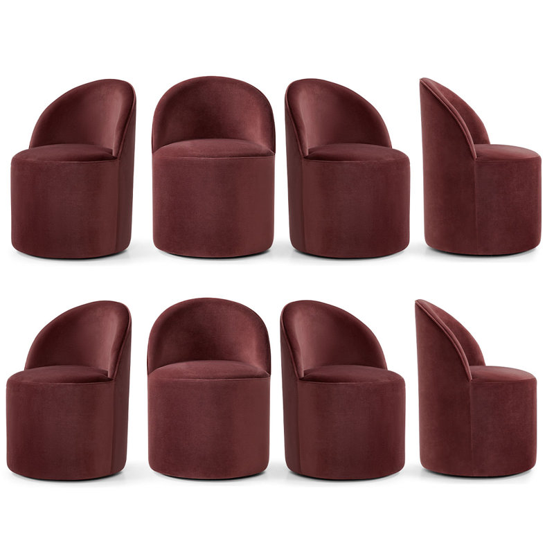 Chaise rembourrée entièrement assemblée en velours avec roulettes cachées (ensemble de 8), Burgundy