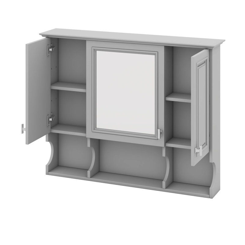 Armoire à pharmacie murale, armoire de salle de bain moderne avec miroir, tablettes ouvertes, Gris