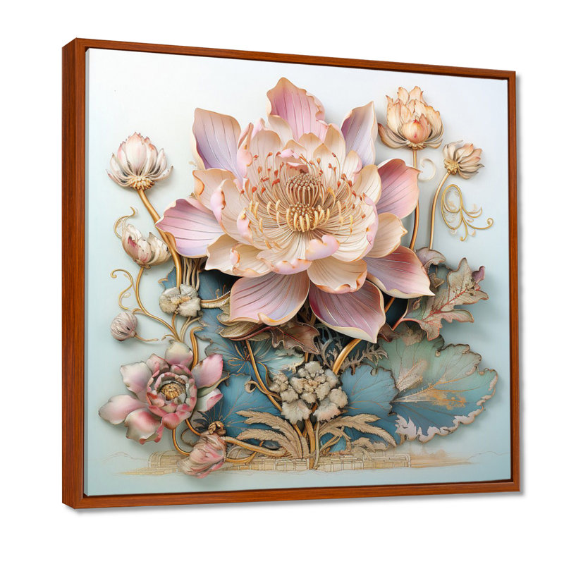 Fleur de lotus rose pastel sur bleu rétro I - impression d'art mural Lotus, Cadre flottant brun, bois massif