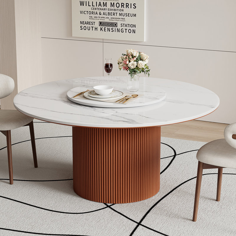 Teagen 59" Modern Round Dining Table for 6-8 With Lazy Susan, Glossy Sintered Stone Table top, Solid Wood Veneer Legs
