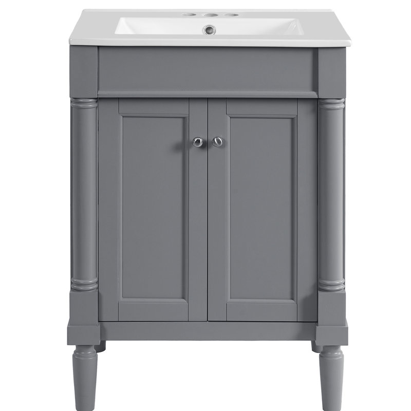 Meuble-lavabo moderne de 24 po avec lavabo en céramique lustrée, poignées en métal exquis et évier de rangement spacieux, lavabo à charnières à 2 niveaux