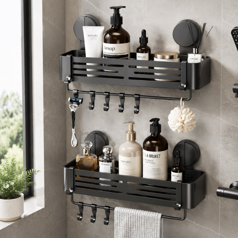 Serviteur de douche en aluminium avec ventouse, barre à serviettes et crochets