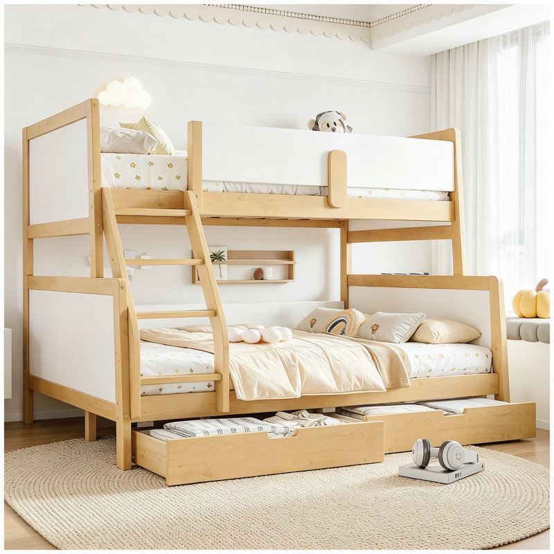 Lit superposé simple au-dessus de double avec tiroirs de rangement, lit superposé en bois massif avec lattes de soutien et conception convertible, blanc et naturel
