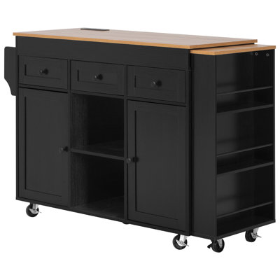Kitchen Island with Extendable Dining Table, Kitchen Storage Table with 3 Side Open Shelves, Rolling Kitchen Island with Power Outlet, 3 Drawers, 2 Doors, for Kitchen, Dining Room